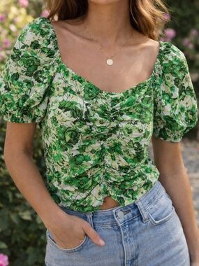 Mango Green Floral Puff Sleeve Top Ruched Front Cottagecore Blouse Size 8